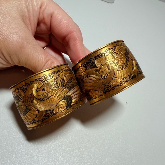 Other - Vintage Gold Tone Etched Phoenix Dragon Napkin Rings Set of 2 Chinoiserie Decor